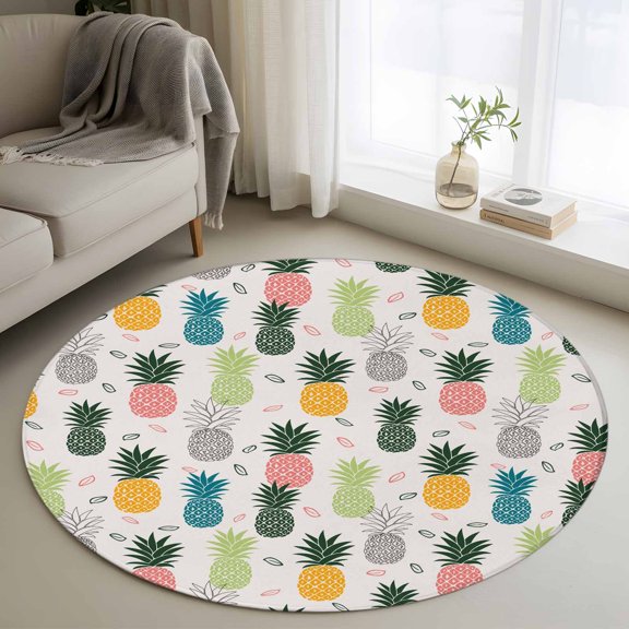 Round Rug 4ft Area Rug, Abstract Summer Pineapple Area Rugs for Living Room Bedroom, Pink Blue Farm Fruit Floor Mat Non-Slip Non-Shedding Carpet Indoor Accent Rugs