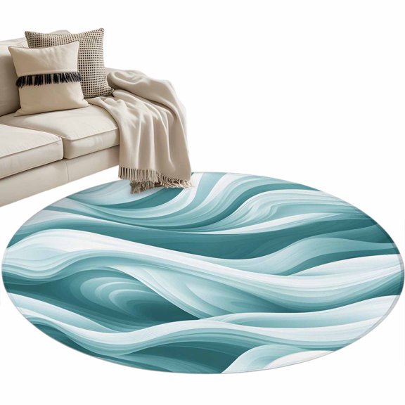 Round Rug 4ft Area Rug,Abstract Teal White Wave Stripe Area Rugs for Living Room Bedroom,Modern Water Ripple Texture Floor Mat Non-Slip Non-Shedding Carpet Indoor Accent Rugs