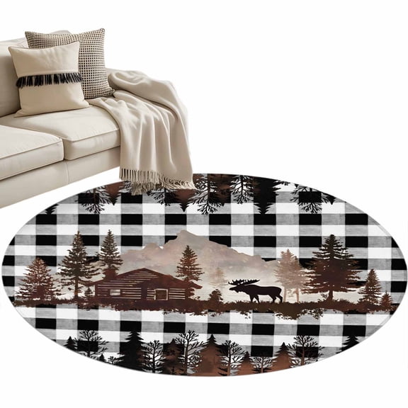 Round Rug 4ft Area Rug, Black Deer Forest Wooden House Area Rugs for Living Room Bedroom, Black White Buffalo Check Floor Mat Non-Shedding Non-Slip Carpet Indoor Accent Rugs