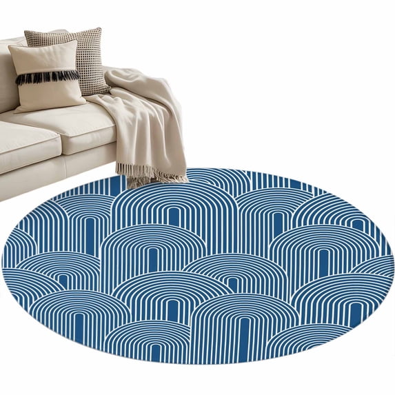 Round Rug 4ft Area Rug, Bohemian Abstract Geometric Arch Area Rugs for Living Room Bedroom, Abstract Navy Blue Floor Mat Non-Slip Non-Shedding Carpet Indoor Accent Rugs