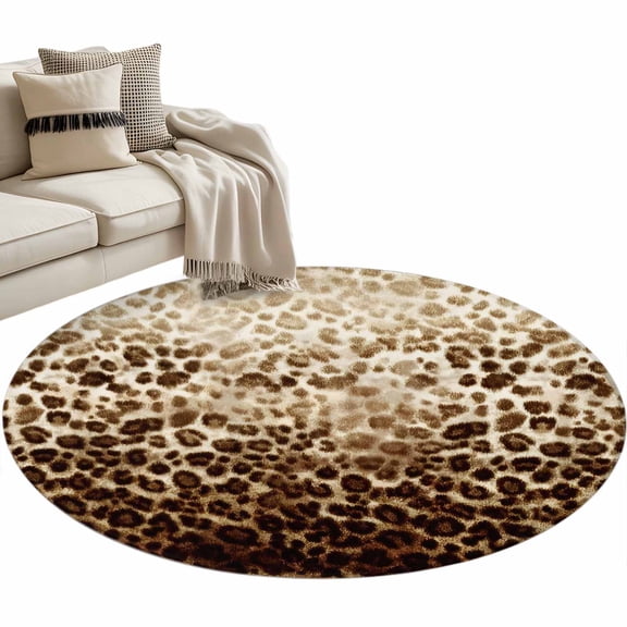 Round Rug 4ft Area Rug, Brown Leopard Print Vintage Area Rugs for Living Room Bedroom, Farmhouse Gradient Texture Floor Mat Non-Shedding Non-Slip Carpet Indoor Accent Rugs