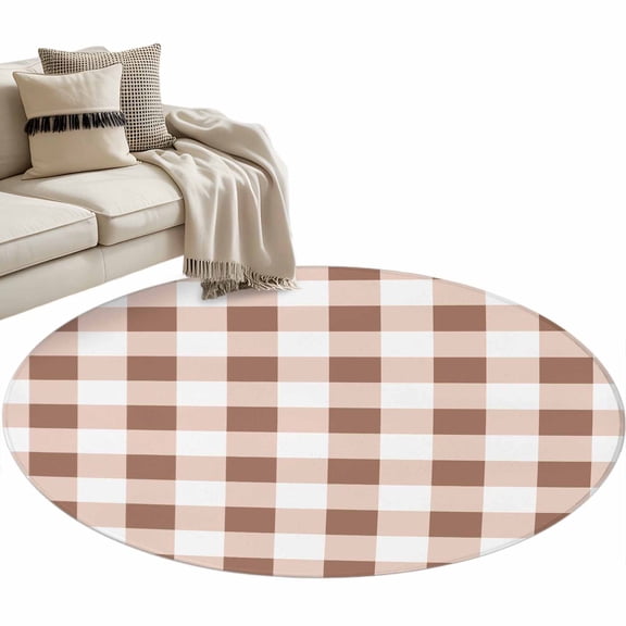 Round Rug 4ft Area Rug,Brown White Square Plaid Area Rugs for Living Room Bedroom,Lines Checkered Texture Floor Mat Non-Slip Non-Shedding Carpet Indoor Accent Rugs