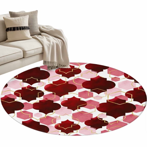 Round Rug 4ft Area Rug, Burgundy Red Moroccan Texture Area Rugs for Living Room Bedroom, Retro Geometric Pattern Floor Mat Non-Shedding Non-Slip Carpet Indoor Accent Rugs