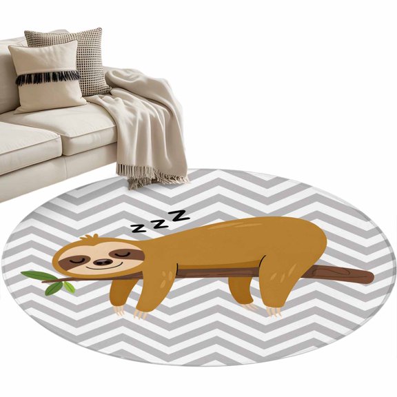 Round Rug 4ft Area Rug,Cartoon Sloth Tree Branch Area Rugs for Living Room Bedroom,Gray Chevron Stripe Animal Floor Mat Non-Slip Non-Shedding Carpet Indoor Accent Rugs