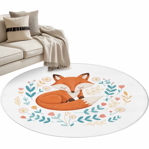 Round Rug 4ft Area Rug,Cartoons Animals Foxes Area Rugs for Living Room Bedroom,Farm Flowers Plants Floor Mat Non-Slip Non-Shedding Carpet Indoor Accent Rugs