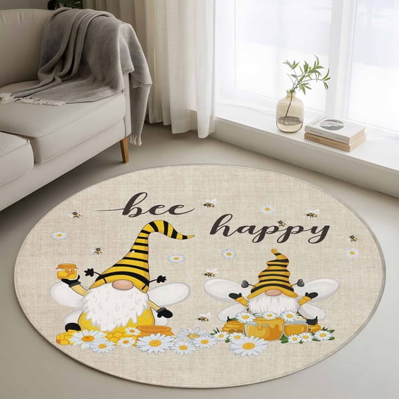 Round Rug 4ft Area Rug, Country Bee Dwarf Vintage Linen Area Rugs for Living Room Bedroom, Blossom Daisy Honey Floor Mat Non-Slip Non-Shedding Carpet Indoor Accent Rugs