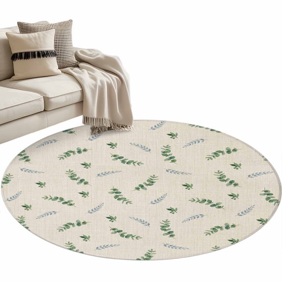 Round Rug 4ft Area Rug,Country Eucalyptus Retro Linen Area Rugs for Living Room Bedroom,Summer Leaves Plant Floor Mat Non-Slip Non-Shedding Carpet Indoor Accent Rugs