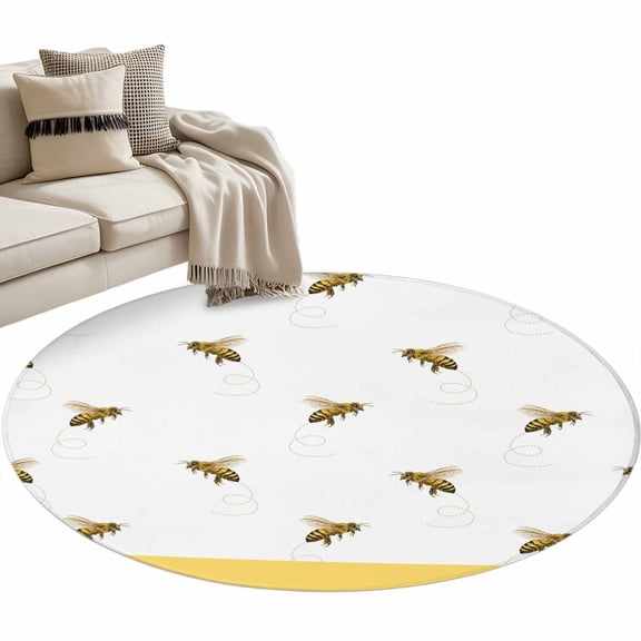 Round Rug 4ft Area Rug,Farm Honey Bee Swirling Yellow Area Rugs for Living Room Bedroom,Rustic Seamless Insects Floor Mat Non-Slip Non-Shedding Carpet Indoor Accent Rugs