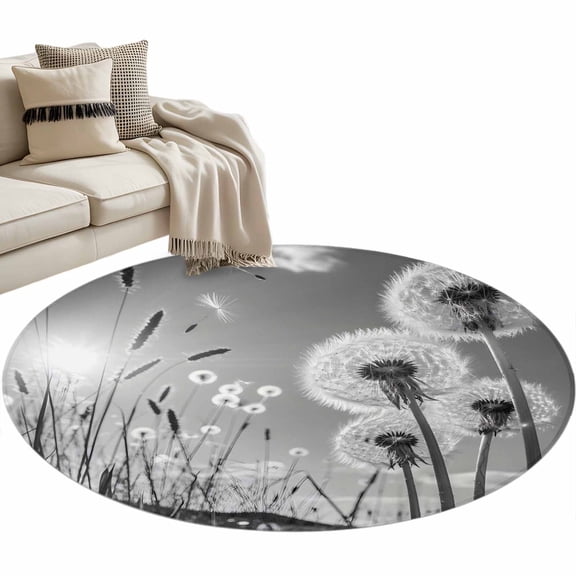 Round Rug 4ft Area Rug,Farmhouse Grey Field Dandelion Rural Plant Area Rugs for Living Room Bedroom,Idyllic Botanical Floor Mat Non-Slip Non-Shedding Carpet Indoor Accent Rugs