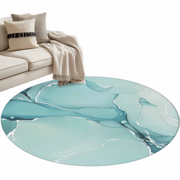 Round Rug 4ft Area Rug, Gradient Marble Agate Stone Area Rugs for Living Room Bedroom, Aqua White Ombre Lines Floor Mat Non-Shedding Non-Slip Carpet Indoor Accent Rugs