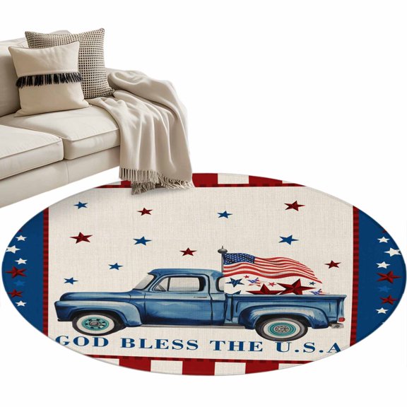 Round Rug 4ft Area Rug,Independence Day USA Flag Blue Truck Area Rugs for Living Room Bedroom,Stars and Stripes Floor Mat Non-Slip Non-Shedding Carpet Indoor Accent Rugs