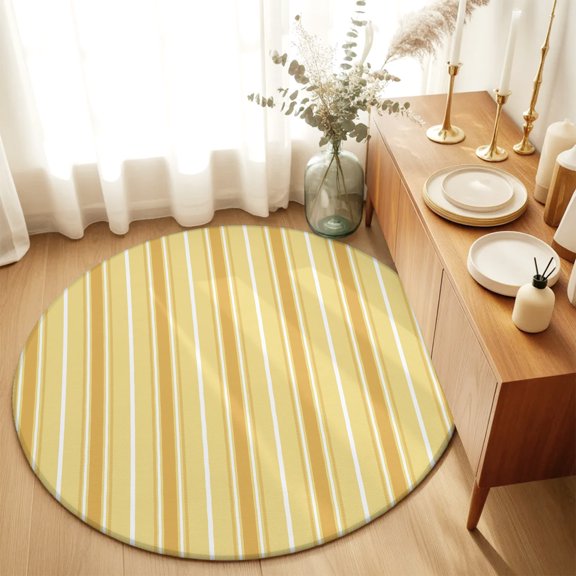 Round Rug 4ft Area Rug, Minimalist Yellow Stripes Area Rugs for Living Room Bedroom, Neutral Aesthetic Art Floor Mat Non-Slip Non-Shedding Carpet Indoor Accent Rugs