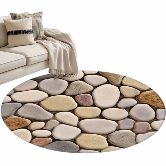 Round Rug 4ft Area Rug,Modern Cobblestone Texture Art Area Rugs for Living Room Bedroom,Seamless Brown Pebble Stone Floor Mat Non-Slip Non-Shedding Carpet Indoor Accent Rugs