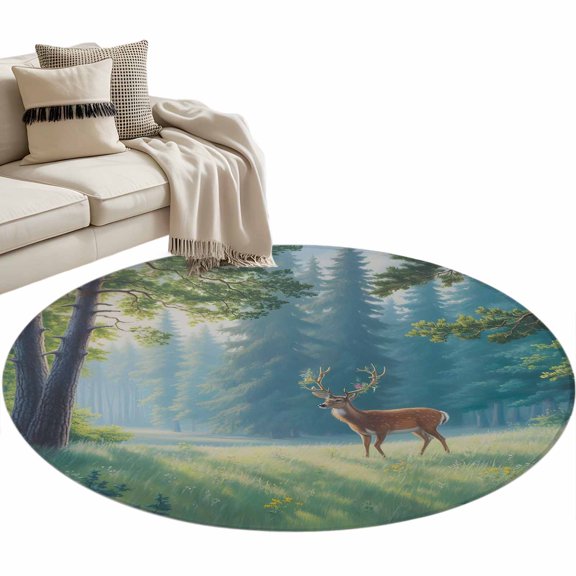 Round Rug 4ft Area Rug,Natural Forest Trees Wild Elk Area Rugs for Living Room Bedroom,Nature Scenery Floor Mat Non-Slip Non-Shedding Carpet Indoor Accent Rugs