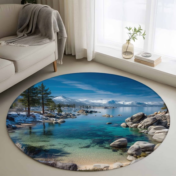 Round Rug 4ft Area Rug, Nature Landscape Scenery Area Rugs for Living Room Bedroom, Snow Mountain Lake Sky Floor Mat Non-Slip Non-Shedding Carpet Indoor Accent Rugs