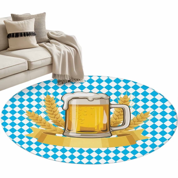 Round Rug 4ft Area Rug,Oktoberfest Theme Area Rugs for Living Room Bedroom,Farmhouse Wheat Beer Diamond Plaid Floor Mat Non-Slip Non-Shedding Carpet Indoor Accent Rugs