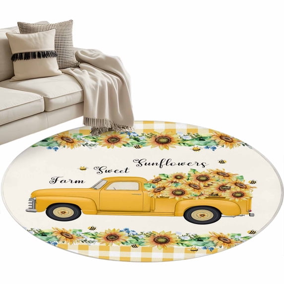 Round Rug 4ft Area Rug, Pastoral Sunflower Yellow Truck Area Rugs for Living Room Bedroom, Farm Bee Retro Plaid Floor Mat Non-Slip Non-Shedding Carpet Indoor Accent Rugs