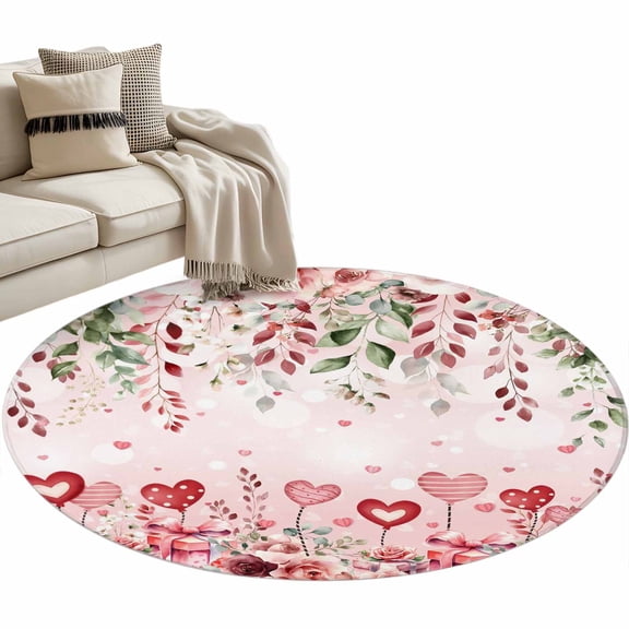 Round Rug 4ft Area Rug,Romantic Valentine's Day Floral Area Rugs for Living Room Bedroom,Love Heart Rose Leaf Present Floor Mat Non-Slip Non-Shedding Carpet Indoor Accent Rugs