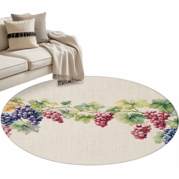 Round Rug 4ft Area Rug,Spring Watercolor Grape Leaves Area Rugs for Living Room Bedroom,Country Vine Retro Linen Floor Mat Non-Slip Non-Shedding Carpet Indoor Accent Rugs