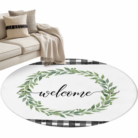Round Rug 4ft Area Rug, Spring Watercolor Leaves Welcome Text Area Rugs for Living Room Bedroom, Black White Buffalo Floor Mat Non-Slip Non-Shedding Carpet Indoor Accent Rugs