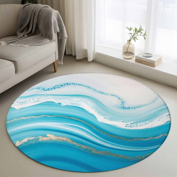 Round Rug 4ft Area Rug, Summer Blue Ocean Gradient Marble Area Rugs for Living Room Bedroom, Watercolor Abstract Stripe Floor Mat Non-Slip Non-Shedding Carpet Indoor Accent Rugs