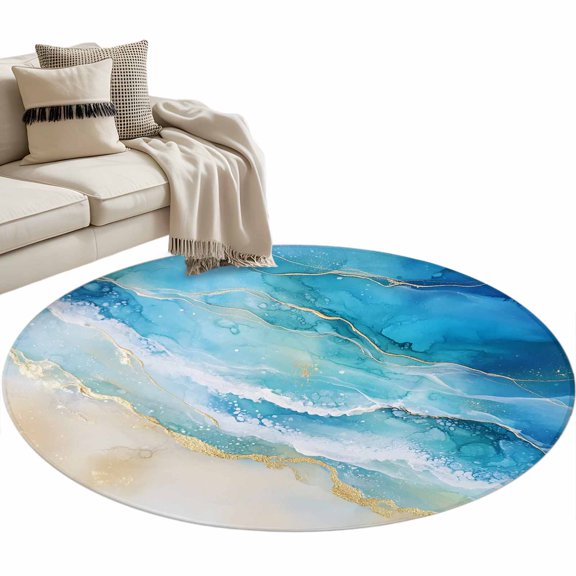 Round Rug 4ft Area Rug,Summer Blue Ocean Waves Sand Area Rugs for Living Room Bedroom,Seaside Beach Floor Mat Non-Slip Non-Shedding Carpet Indoor Accent Rugs