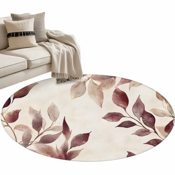Round Rug 4ft Area Rug, Summer Brown Eucalyptus Leaf Area Rugs for Living Room Bedroom, Watercolor Retro Botanical Floor Mat Non-Slip Non-Shedding Carpet Indoor Accent Rugs