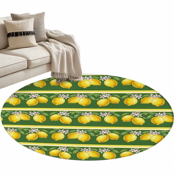 Round Rug 4ft Area Rug,Summer Lemons Green Leaves Area Rugs for Living Room Bedroom,Yellow Striped Floor Mat Non-Slip Non-Shedding Carpet Indoor Accent Rugs