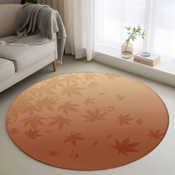 Round Rug 4ft Area Rug, Thanksgiving Maple Leaves Silhouette Area Rugs for Living Room Bedroom, Fallen Leaf Orange Ombre Floor Mat Non-Slip Non-Shedding Carpet Indoor Accent Rugs