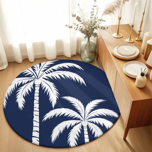Round Rug 4ft Area Rug, Tropical Coconut Tree Area Rugs for Living Room Bedroom, Deep Navy Background Floor Mat Non-Slip Non-Shedding Carpet Indoor Accent Rugs