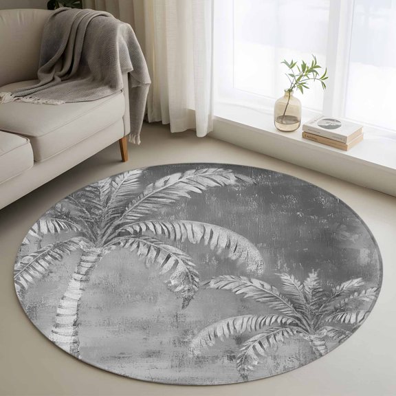 Round Rug 4ft Area Rug, Tropical Twin Gray Palms Area Rugs for Living Room Bedroom, Minimalist Monochrome Art Floor Mat Non-Slip Non-Shedding Carpet Indoor Accent Rugs