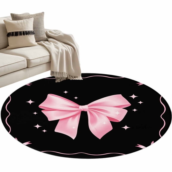 Round Rug 4ft Area Rug,Valentine's Day Pink Bowknot on Black Area Rugs for Living Room Bedroom,Ribbon Bow Mother's Day Floor Mat Non-Slip Non-Shedding Carpet Indoor Accent Rugs