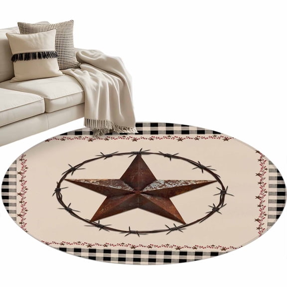 Round Rug 4ft Area Rug,Vintage Country Star Ring Area Rugs for Living Room Bedroom,Black Buffalo Plaid Floor Mat Non-Slip Non-Shedding Carpet Indoor Accent Rugs