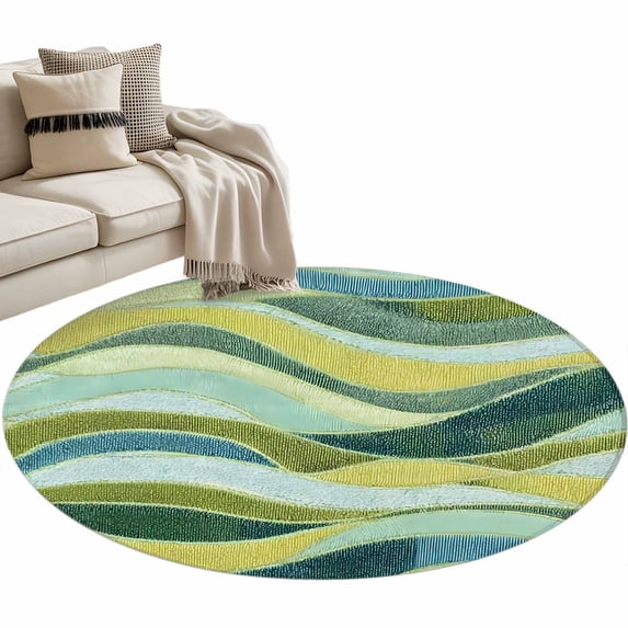 Round Rug 4ft Area Rug,Vintage Gradient Green Yellow Waves Area Rugs for Living Room Bedroom,Abstract Ombre Blue Floor Mat Non-Slip Non-Shedding Carpet Indoor Accent Rugs