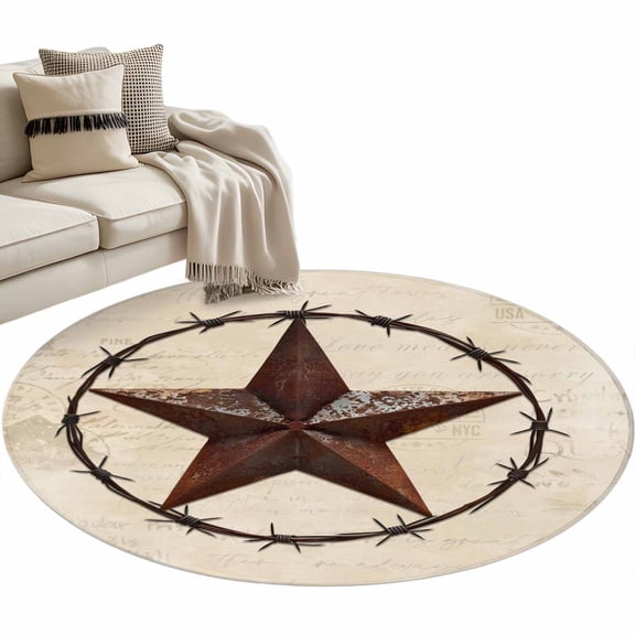Round Rug 4ft Area Rug,Vintage Western Star Area Rugs for Living Room Bedroom,Shabby Country Pentagram Floor Mat Non-Slip Non-Shedding Carpet Indoor Accent Rugs