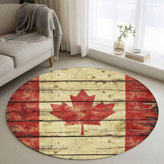 Round Rug 4ft Area Rug, Vintage Wooden Stripes Maple Leaf Area Rugs for Living Room Bedroom, Country Red Brown Plank Floor Mat Non-Slip Non-Shedding Carpet Indoor Accent Rugs