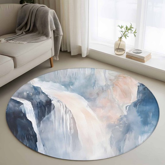 Round Rug 4ft Area Rug, Watercolor Art Abstract Waterfall Area Rugs for Living Room Bedroom, Natural Cliff Scenery Floor Mat Non-Slip Non-Shedding Carpet Indoor Accent Rugs