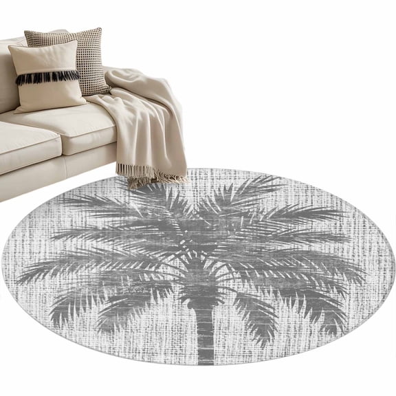 Round Rug 4ft Area Rug, Watercolor Palm Tree Gray Area Rugs for Living Room Bedroom, Vintage Burlap Linen Texture Floor Mat Non-Shedding Non-Slip Carpet Indoor Accent Rugs