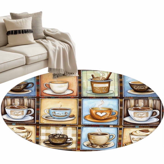 Round Rug 4ft Area Rug,Watercolor Retro Coffee Theme Area Rugs for Living Room Bedroom,Aromatic Hot Drinks Plaid Floor Mat Non-Slip Non-Shedding Carpet Indoor Accent Rugs