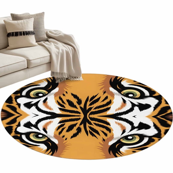 Round Rug 4ft Area Rug,Watercolor Tigers Area Rugs for Living Room Bedroom,Abstract Cartoon Style Animal Floor Mat Non-Slip Non-Shedding Carpet Indoor Accent Rugs