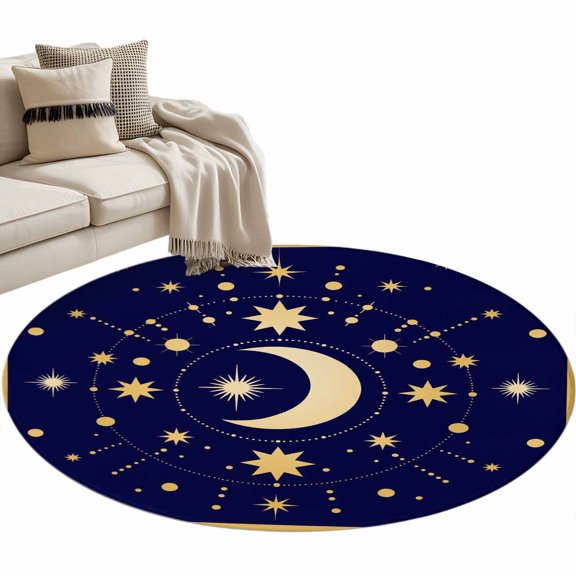 Round Rug 4ft Area Rug, Yellow Moon Star Area Rugs for Living Room Bedroom, Abstract Polka Dot on Dark Blue Floor Mat Non-Slip Non-Shedding Carpet Indoor Accent Rugs