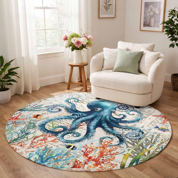 Round Rug 4ft, Coastal Octopus Low Pile Washable Rugs for Kitchen ...