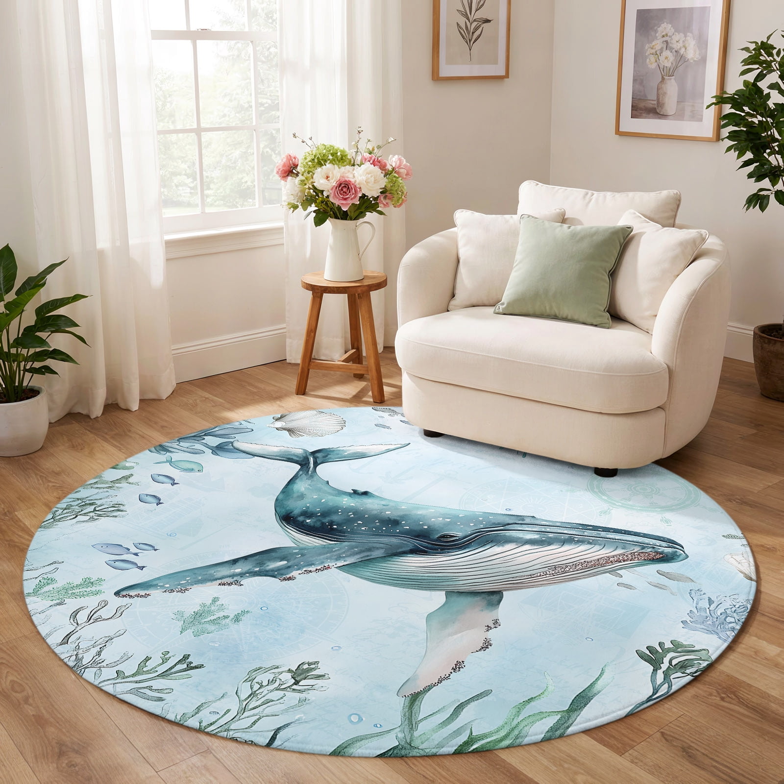 Round Rug 4ft, Coastal Whale Low Pile Washable Rugs for Kitchen ...