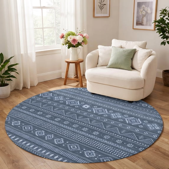 Navy Office Rug Round Rug 4ft, Navy Blue Boho Low Pile Washable Rugs for Kitchen ...