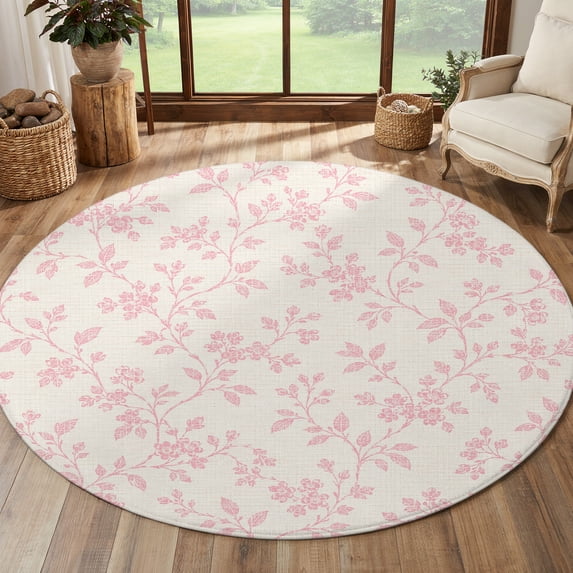 Pink Round Bug Round Rug 5 Ft, Light Pink Floral Area Rugs for Living Room, Bedroom ...