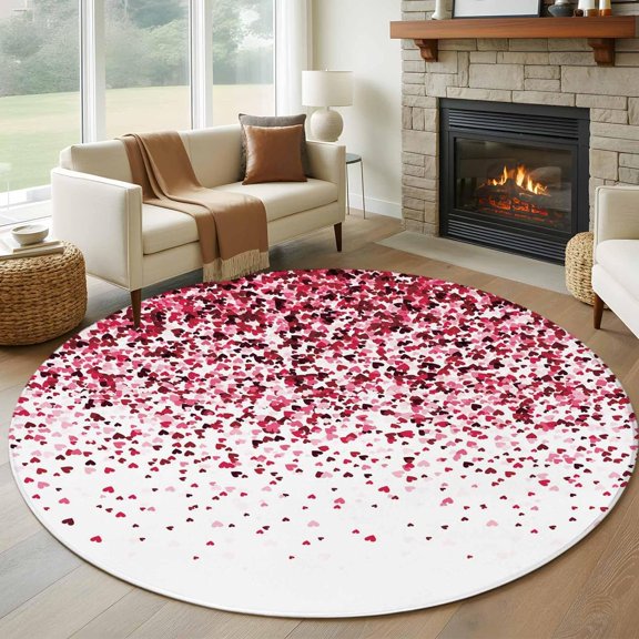 Round Rug 5Ft, Happy Valentine''s Day Circle Area Rugs Washable Non-Slip, Pink Red Love Hearts Romantic Round Carpet Throw Floor Mats Runner for Living Room Bedroom Home Decor Aesthetic