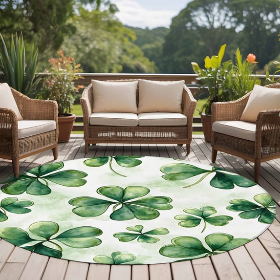 Round Rug 5Ft, Vintage Four-Leaf Irish St. Patrick's Day Soft Non-Slip Washable Felt Carpet Pad, Watercolor Green Area Rugs for Living Room Bedroom Kids Room