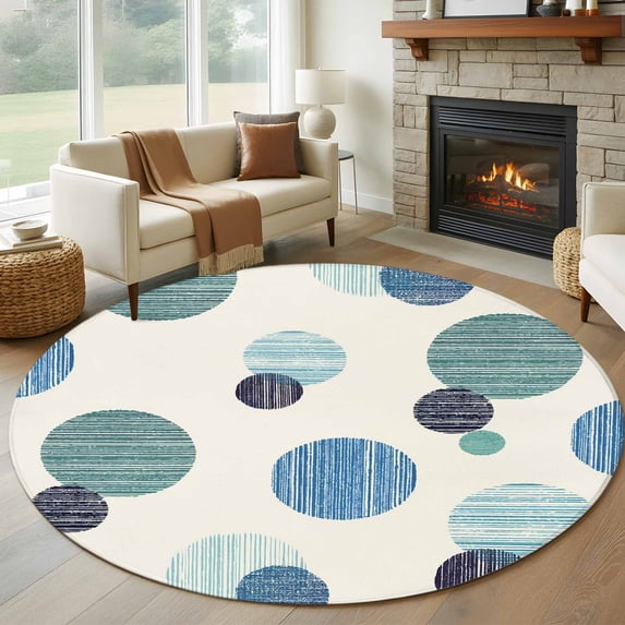 Round Rug 5Ft Washable Non-Slip, Abstract Geometric Circle Area Rugs for Living Room Bedroom, Farmhouse Vintage Polka Dot Teal Blue Indoor Floor Mats Carpet Runner for Home Decor Aesthetic