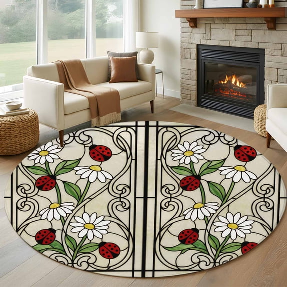 Round Rug 5Ft Washable Non-Slip, Animal Flowers Circle Area Rugs for Living Room Bedroom, Vintage Country Glass Daisy Floral Plant Indoor Floor Mats Carpet Runner for Home Decor Aesthetic