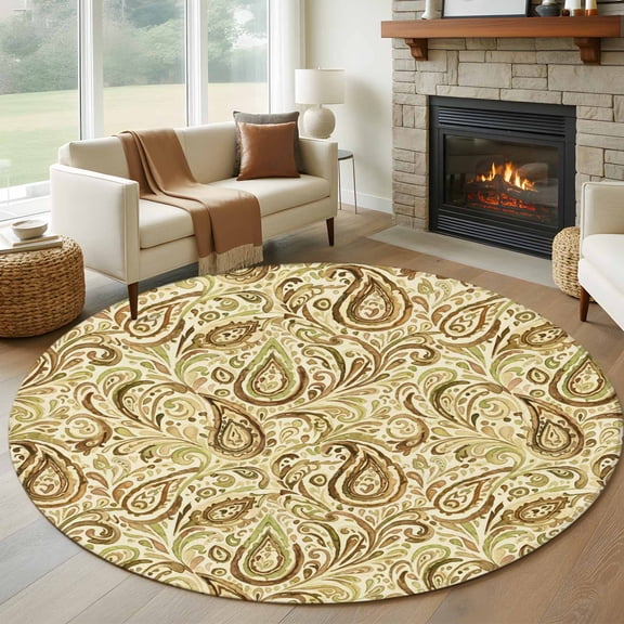 Round Rug 5Ft Washable Non-Slip, Beige Brown Green Circle Area Rugs for Living Room Bedroom, Retro Botanical Abstract Art Indoor Floor Mats Carpet Runner for Home Decor Aesthetic